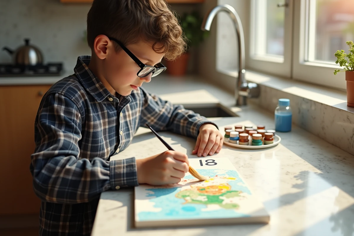 Jeune garçon concentré à peindre un paysage numéroté dans la cuisine