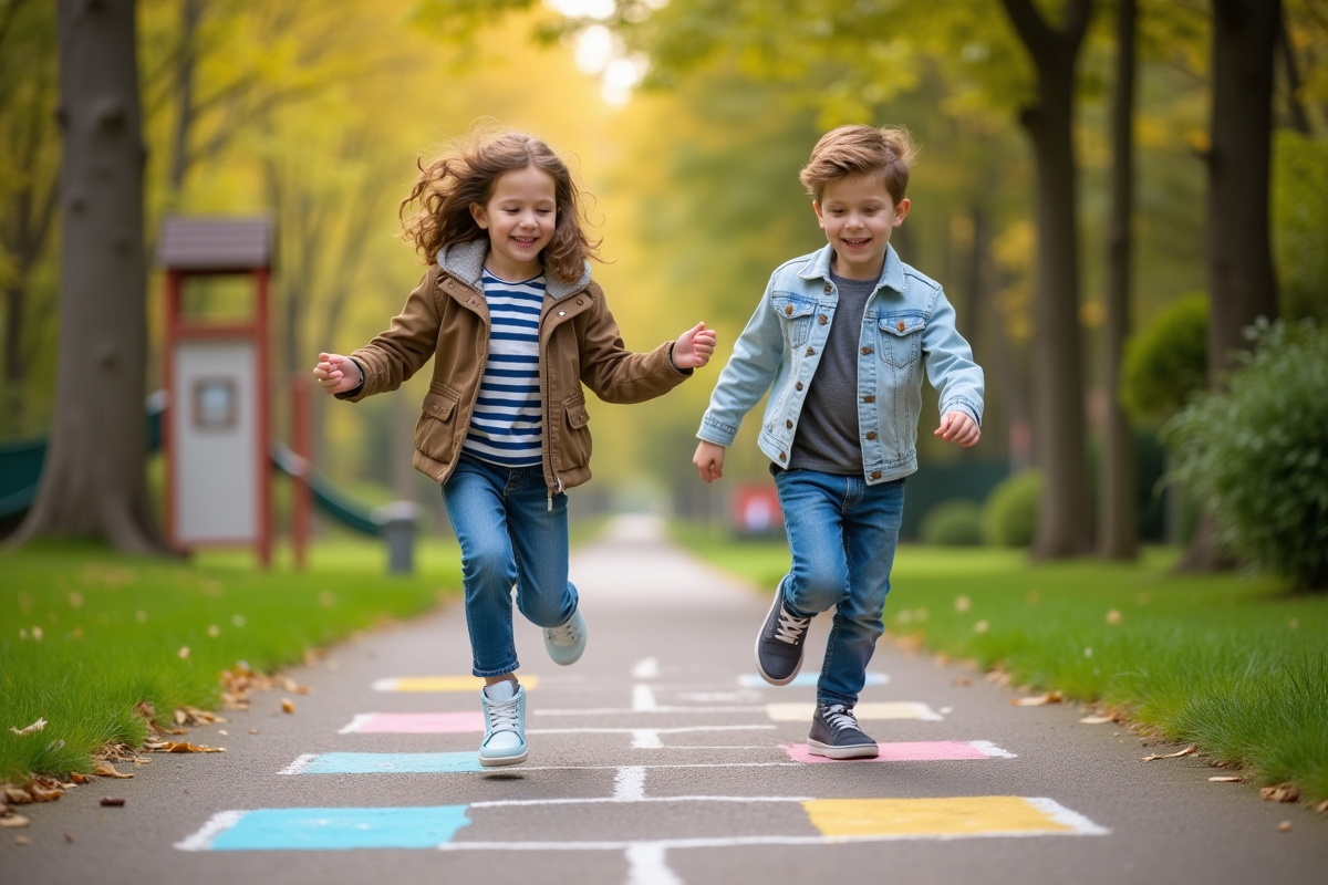 Garçon et fille jouent à la marelle dans un parc verdoyant