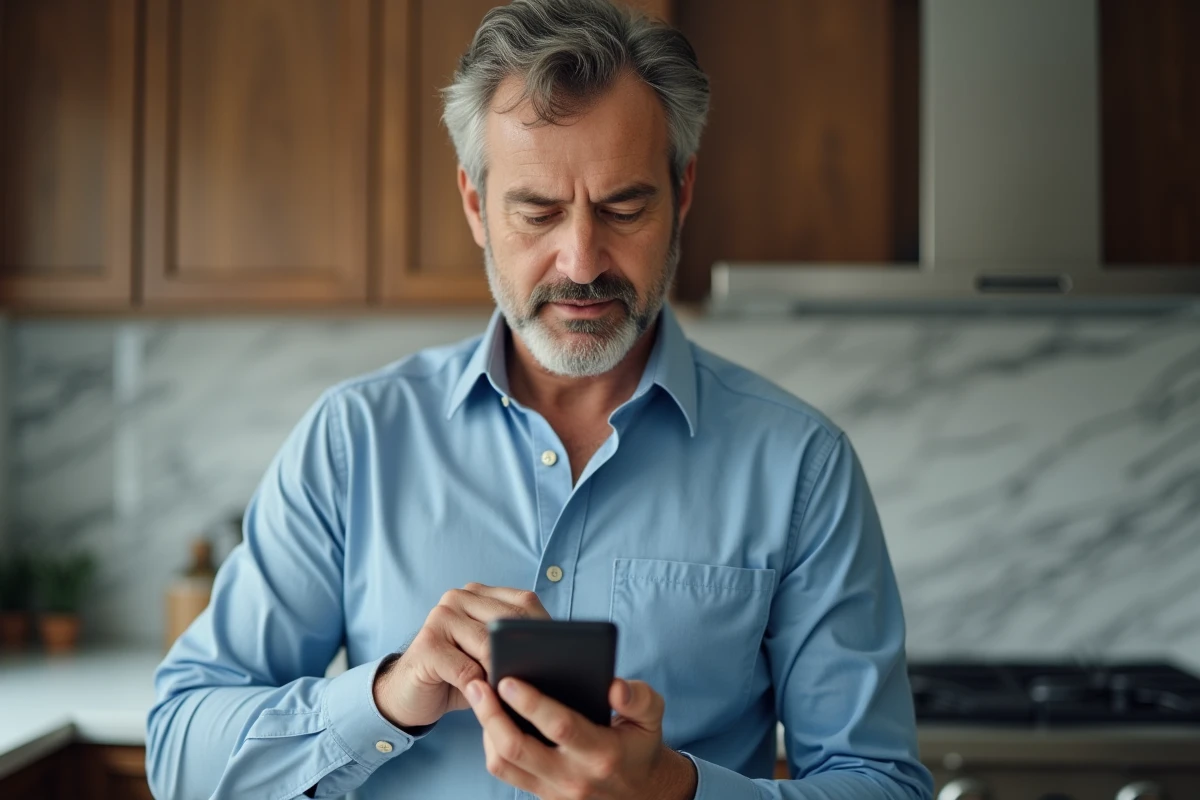 Homme gérant ses commandes archivées sur l'application Amazon depuis un smartphone dans une cuisine moderne