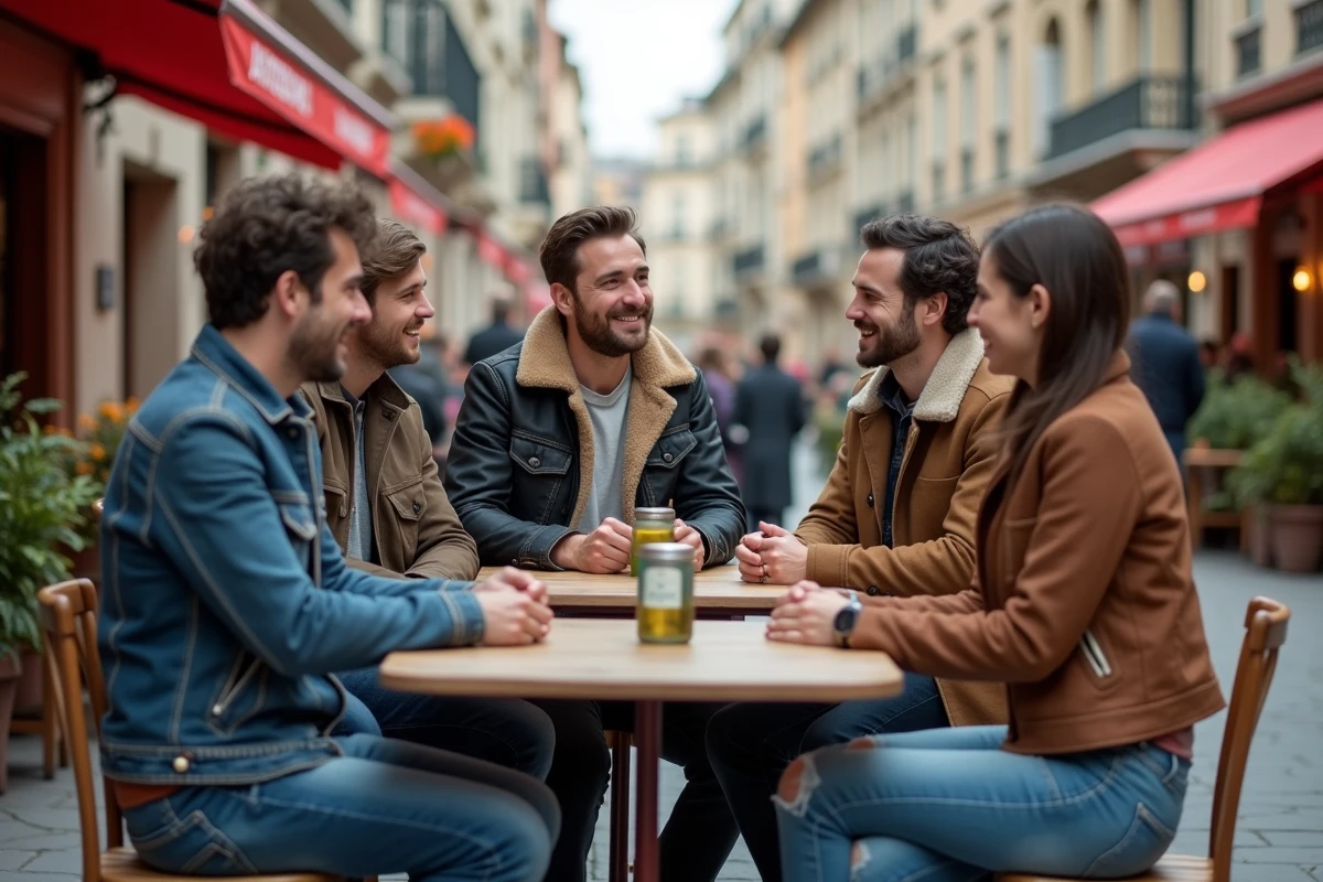 Groupe d'amis souriants autour d'un café à Lyon