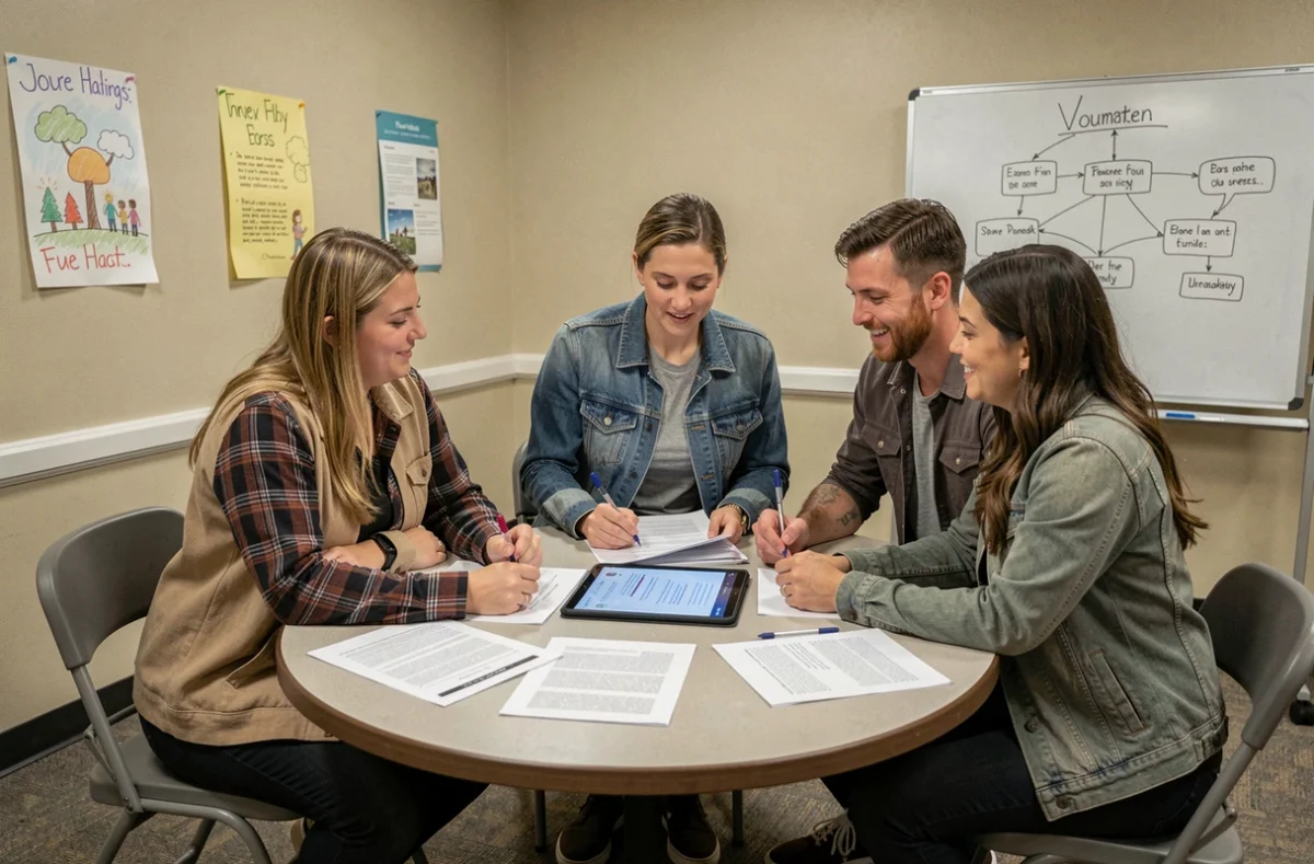 Groupe de bénévoles collaborant autour d'un projet web pour une association culturelle