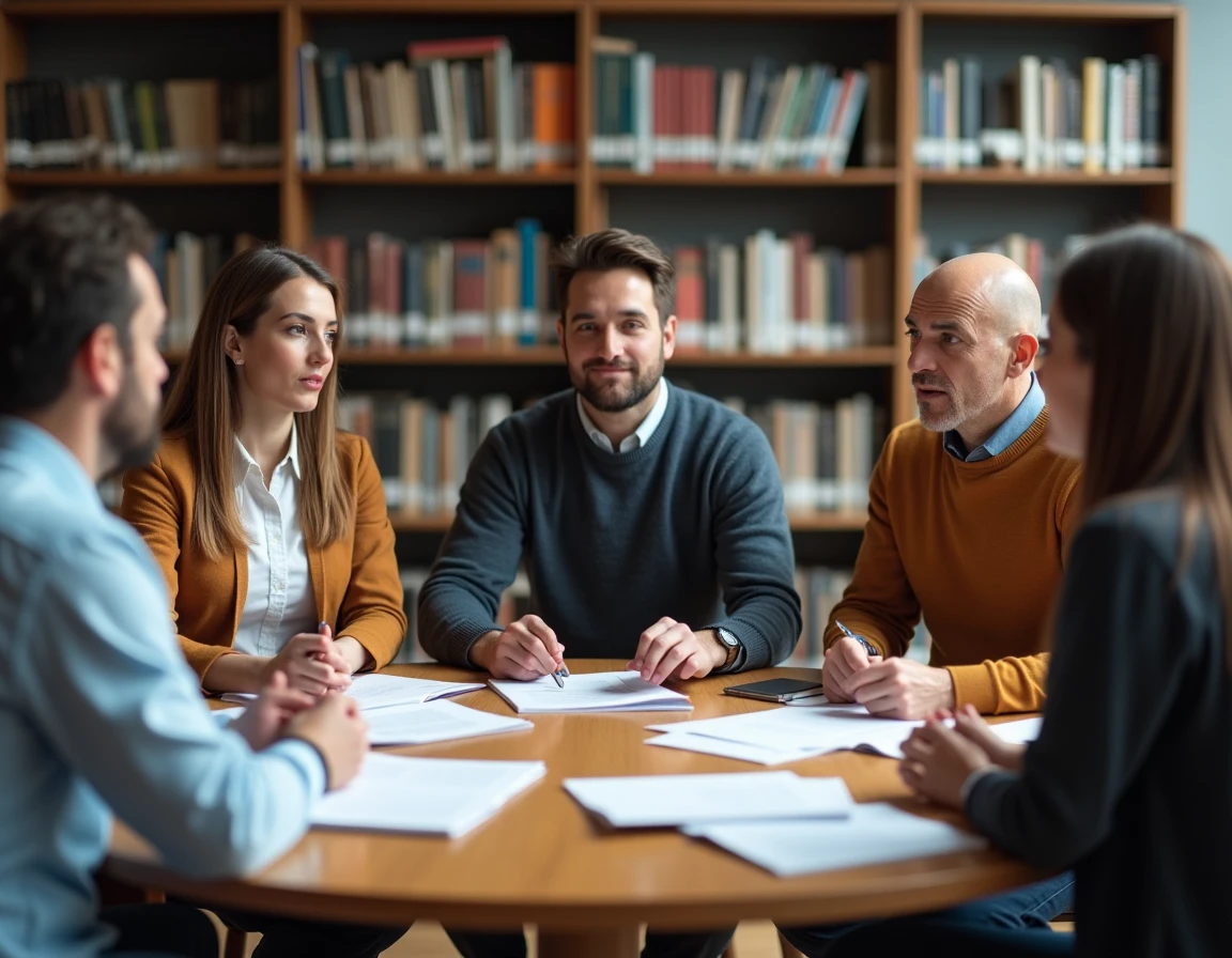Groupe d'adultes discutant des concepts sociologiques de Durkheim autour d'une table dans une bibliothèque moderne