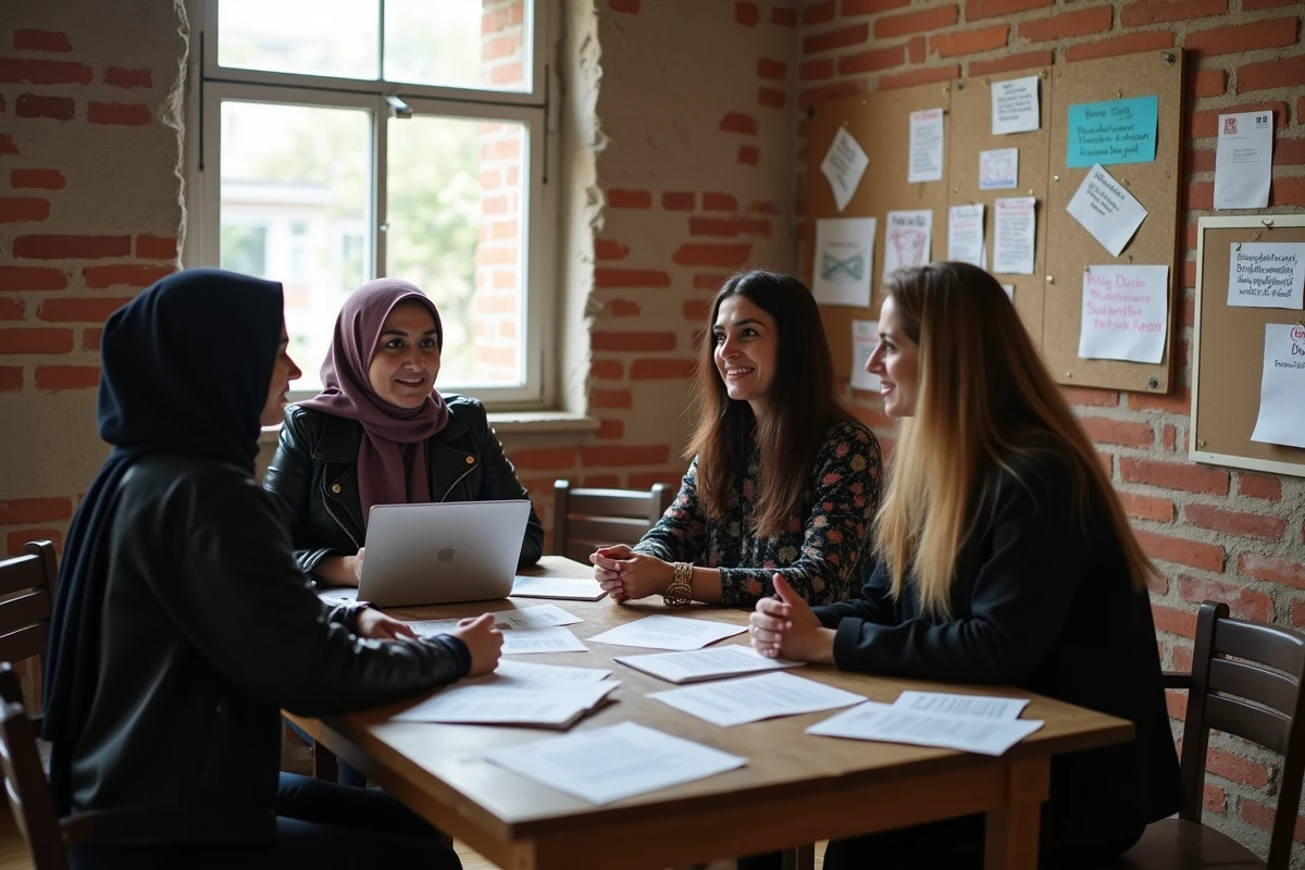 Groupe de femmes turques réunies autour d'une table dans un centre communautaire, discutant de féminisme avec des brochures et ordinateurs, diversité vestimentaire incluant hijab et tenues modernes