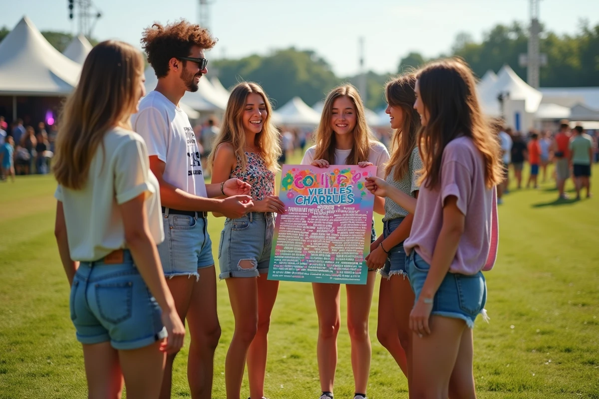 Groupe de jeunes autour d'une affiche du festival Vieilles Charrues 2026