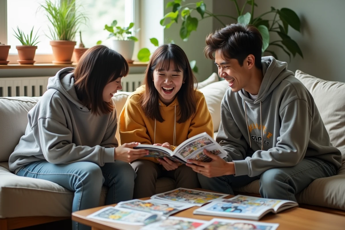 Groupe de jeunes passionnés de manga et webtoon discutant ensemble dans un appartement moderne