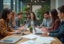 Collaboration en entreprise : comment favoriser efficacement la coopération ? Groupe de professionnels collaborant dans un bureau moderne