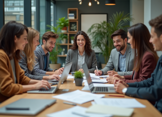 Collaboration en entreprise : comment favoriser efficacement la coopération ? Groupe de professionnels collaborant dans un bureau moderne