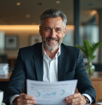 Homme d'affaires en costume noir tenant un rapport financier