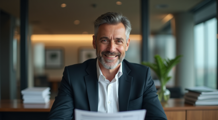 Homme d'affaires en costume noir tenant un rapport financier