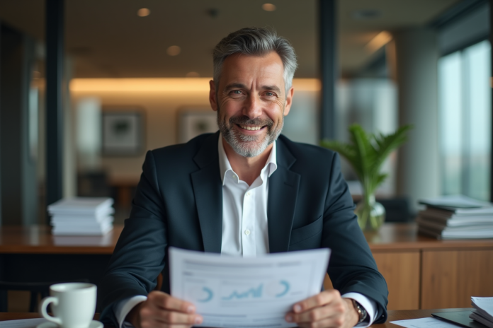 homme-affaires-finance Homme d'affaires en costume noir tenant un rapport financier
