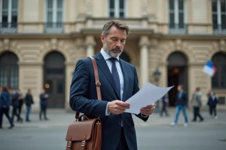 Homme d'affaires en costume devant le ministère des finances à Paris