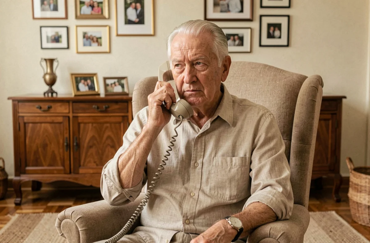 Homme âgé utilisant un téléphone fixe filaire Free dans un salon traditionnel pour accéder à sa messagerie vocale