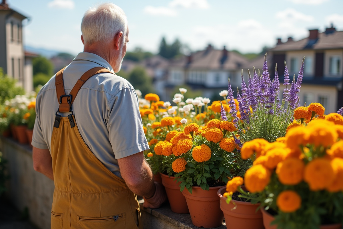 Homme âgé admirant des plantes en balcon en ville