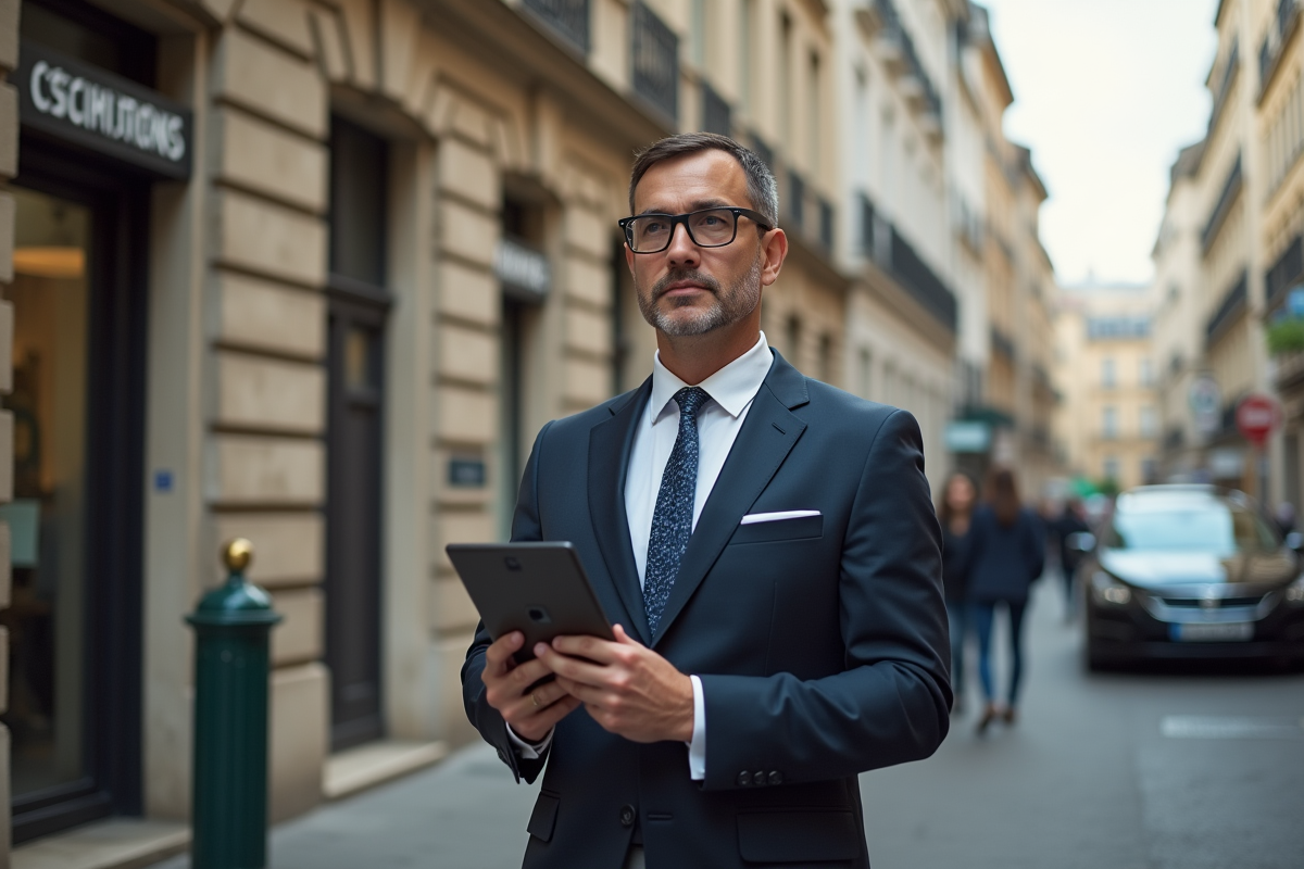Homme d affaires devant une banque française en ville