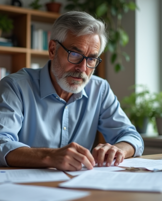 Homme d'âge moyen dans un bureau moderne en pleine réflexion