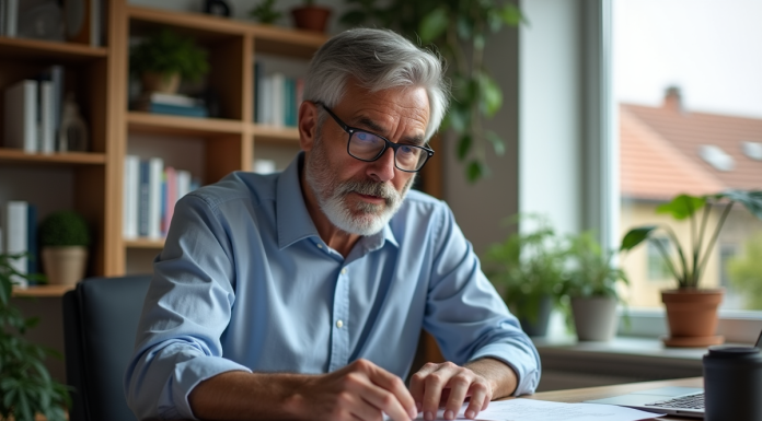 Homme d'âge moyen dans un bureau moderne en pleine réflexion