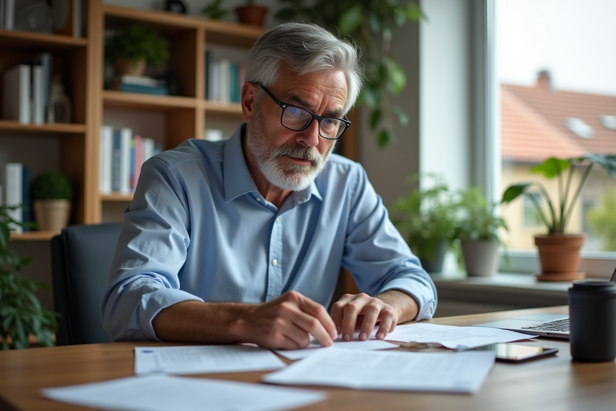 Homme d'âge moyen dans un bureau moderne en pleine réflexion