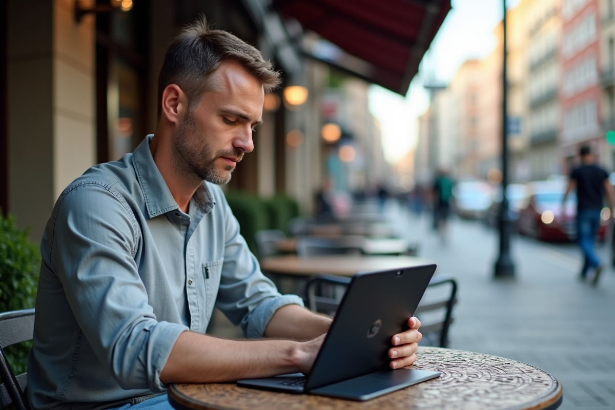 Homme au café vérifiant sa tablette en extérieur