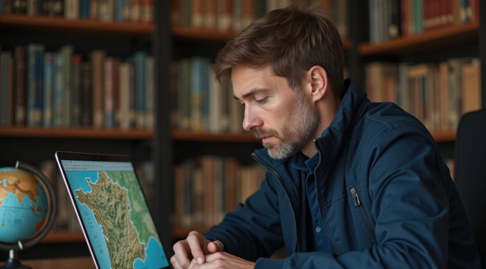 Homme d'âge moyen avec carte topographique France