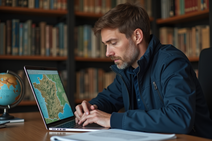 Homme d'âge moyen avec carte topographique France