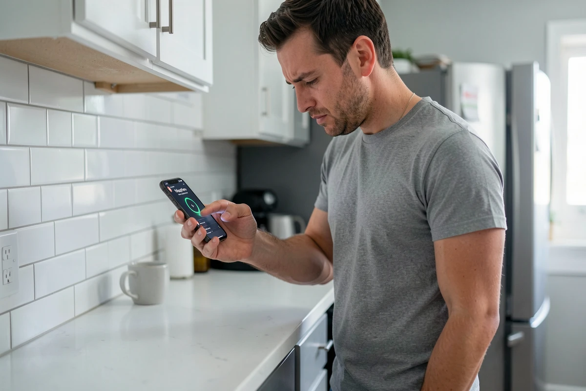 Homme impatient fixant un écran Instagram qui tourne en rond sur son téléphone dans une cuisine moderne