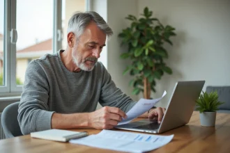 Homme d'âge moyen vérifiant sa facture d'électricité à la maison