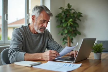 Homme d'âge moyen vérifiant sa facture d'électricité à la maison