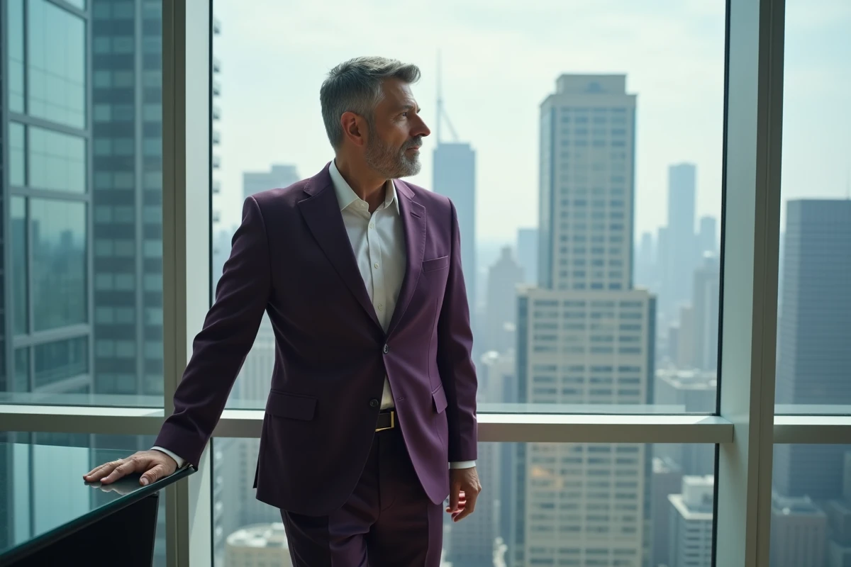 Homme en costume violet devant une baie vitrée d'un bureau moderne, illustrant le lien entre l'aura violette et le rapport au pouvoir professionnel
