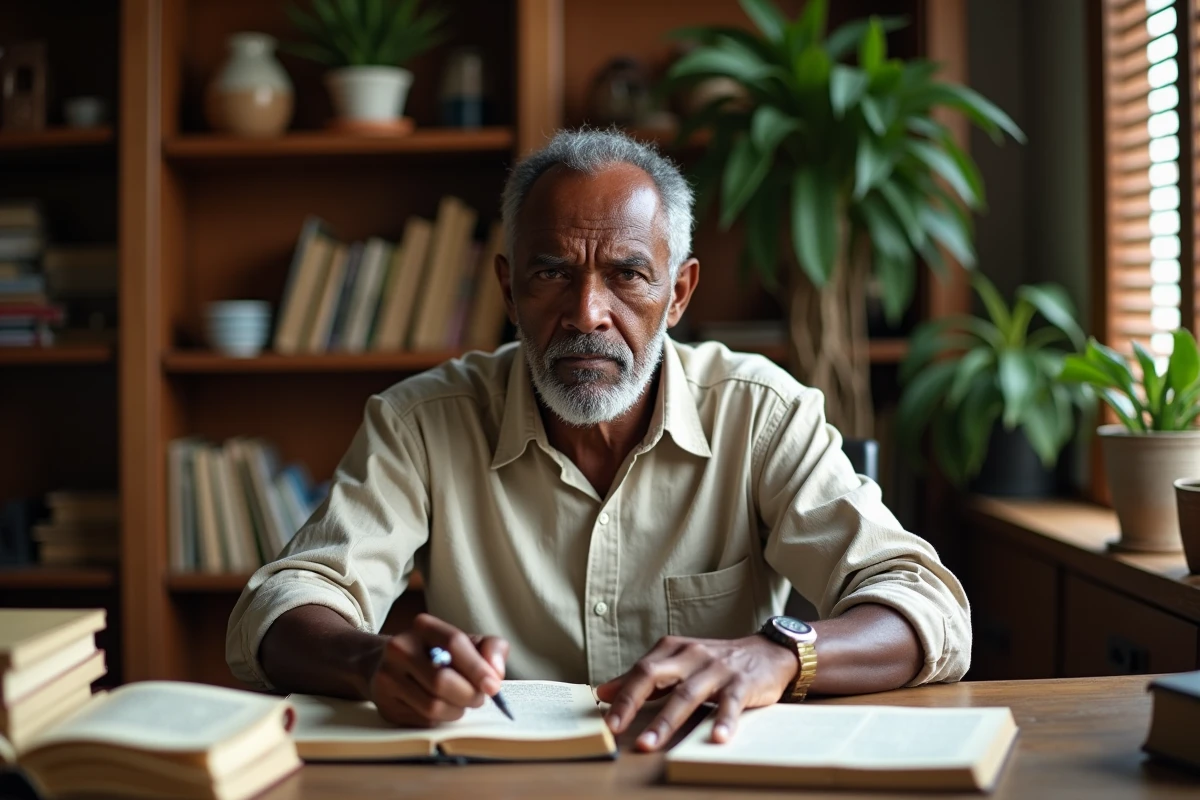 Homme guadeloupéen consultant un dictionnaire créole-français dans son bureau, symbolisant la diversité linguistique et les nuances des insultes créoles selon les îles