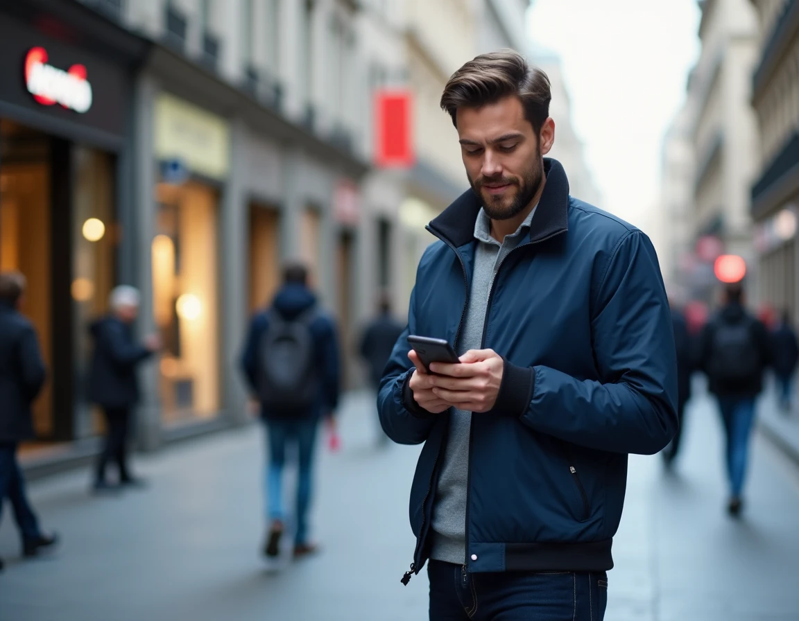 Homme vérifiant son forfait data Lycamobile en pleine rue dans une ville européenne