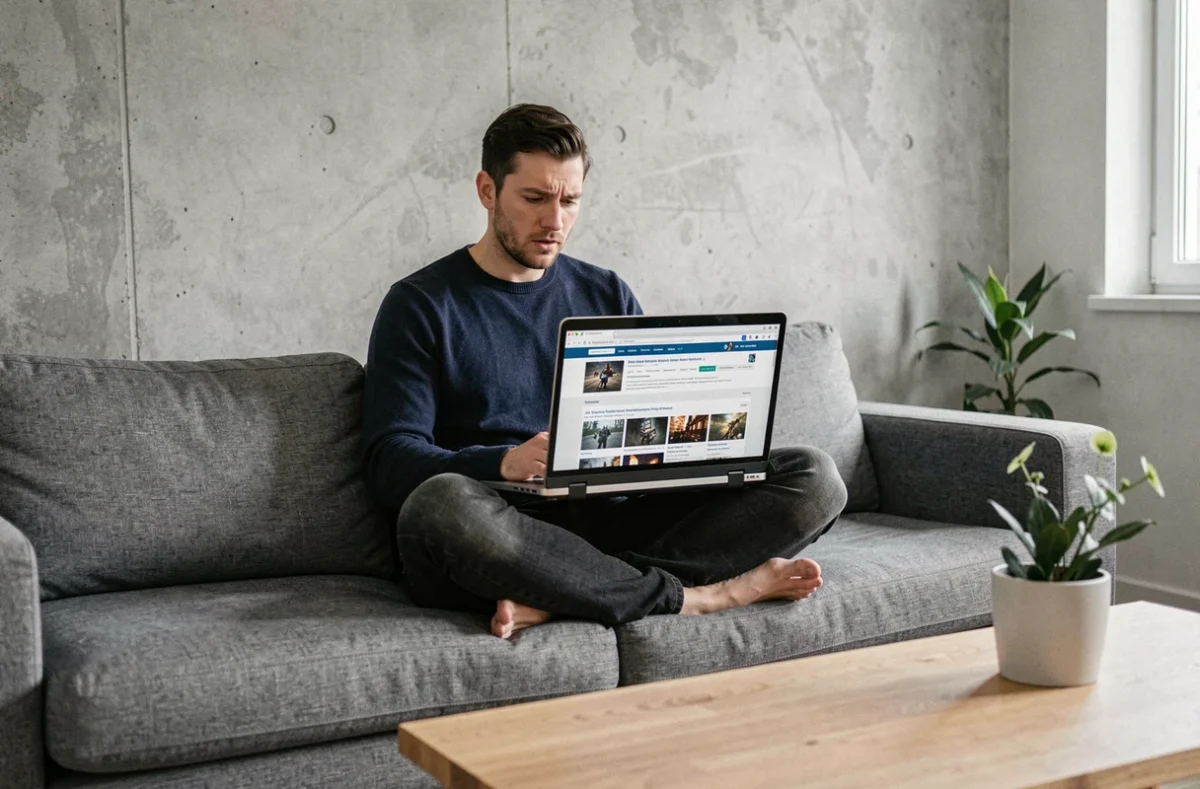 Homme lisant un forum de modding de jeu vidéo sur laptop installé confortablement dans son salon moderne