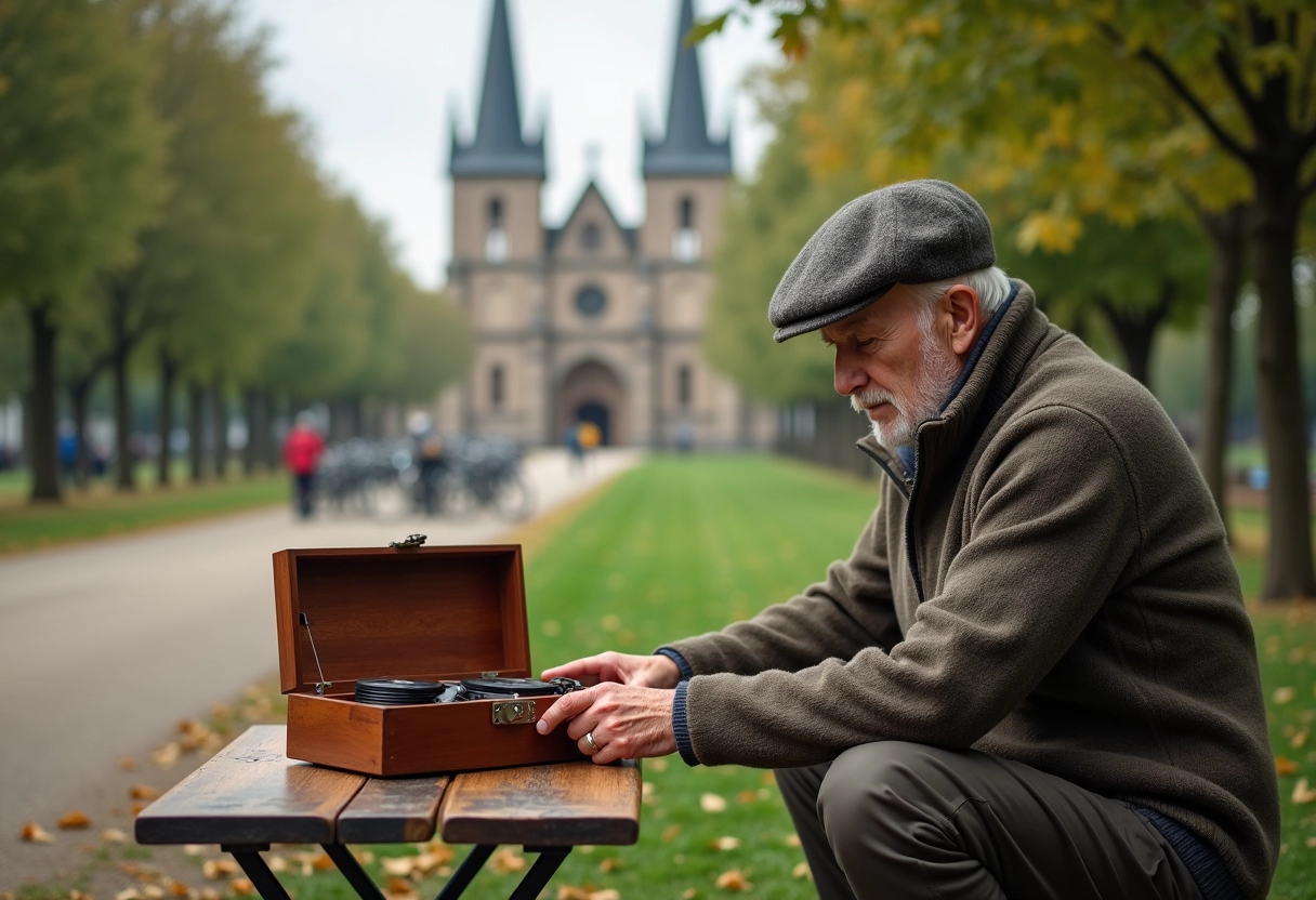 Homme âgé inspectant une boite à musique en bois lors d