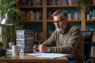 Homme d'âge moyen examinant des jeux vidéo dans un bureau cosy