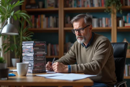 Homme d'âge moyen examinant des jeux vidéo dans un bureau cosy