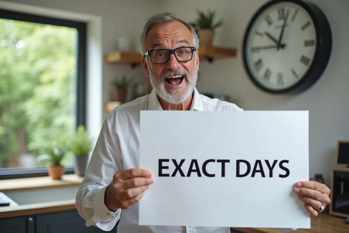 Homme surpris tenant une feuille affichant son age en jours dans une cuisine moderne