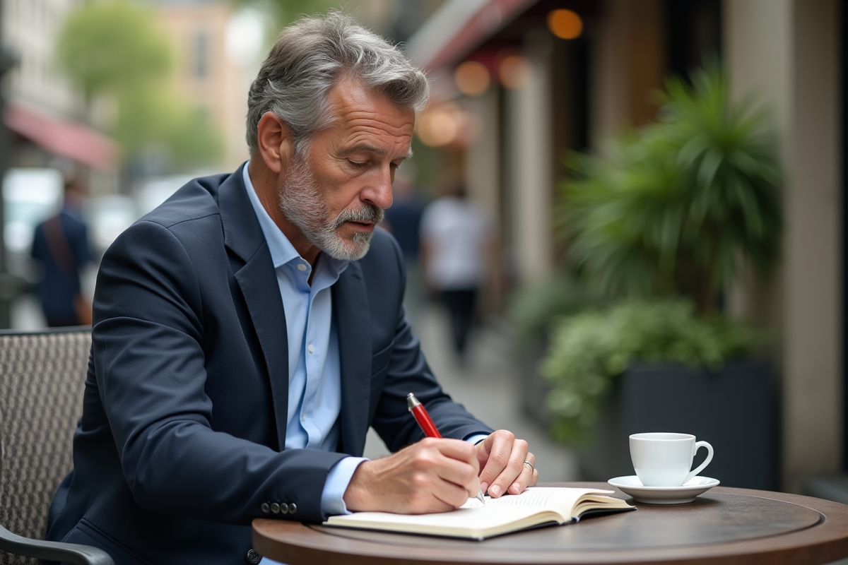 Homme en costume note ses finances au café