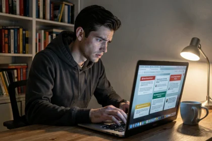 Jeune homme méfiant devant un ordinateur portable affichant des pop-ups suspects lors d'une recherche de scan One Piece