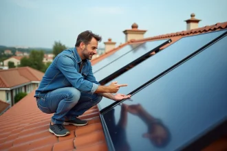 Homme en jeans près de panneaux solaires sur le toit
