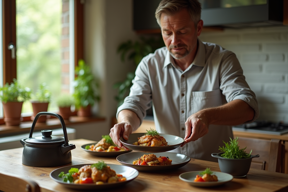 Homme servant un plat de poulet dans une salle à manger lumineuse