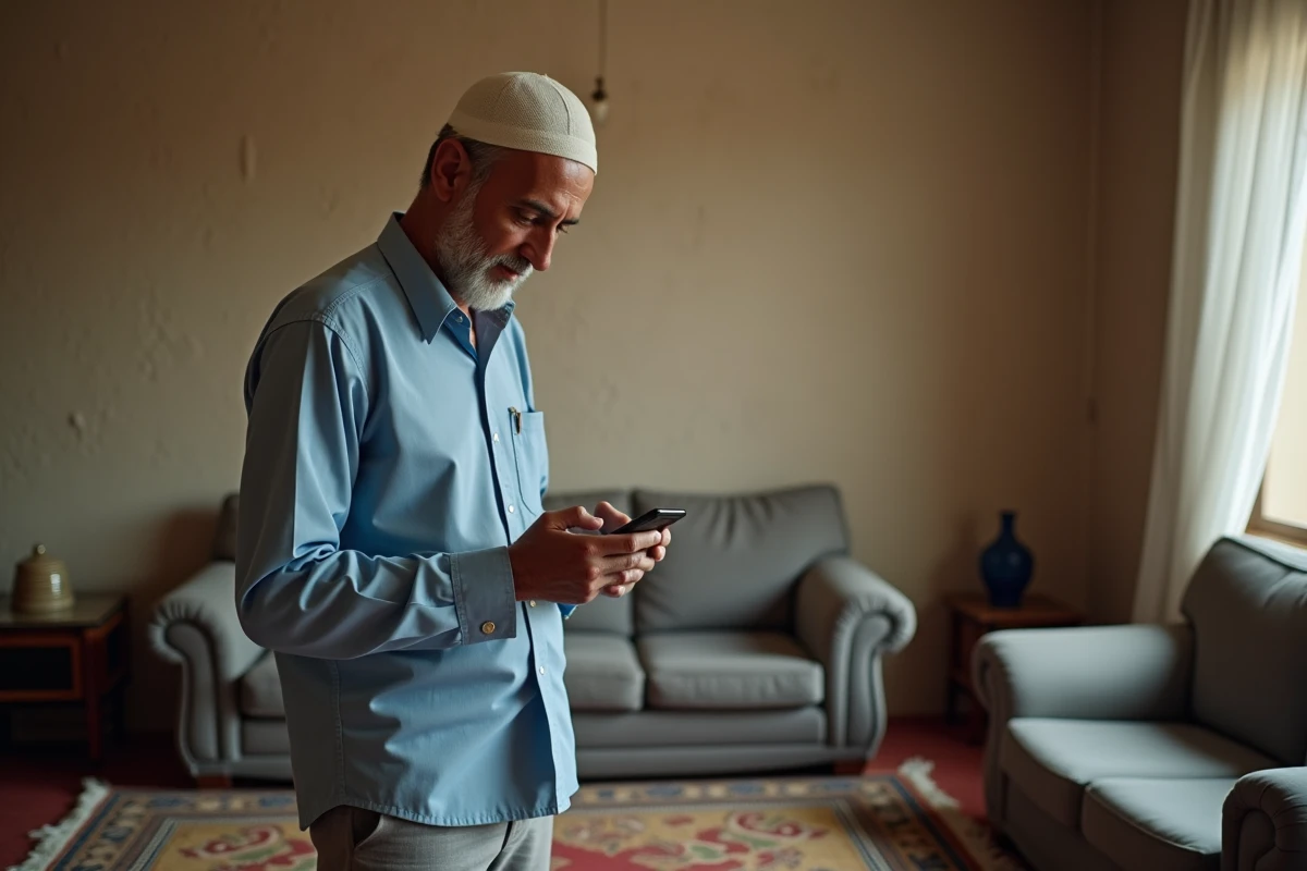 Homme nord-africain priant en intérieur avec smartphone