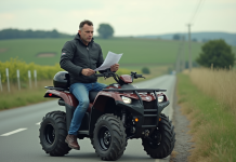 Comment choisir un quad homologué pour la route ? Homme avec casque et document près d'un quad en campagne