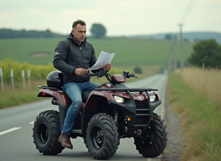 Comment choisir un quad homologué pour la route ? Homme avec casque et document près d'un quad en campagne