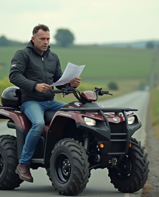 Homme avec casque et document près d'un quad en campagne