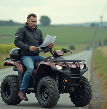 Homme avec casque et document près d'un quad en campagne