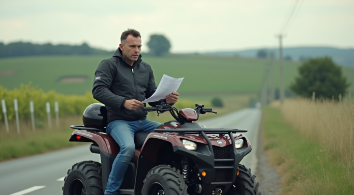 Homme avec casque et document près d'un quad en campagne