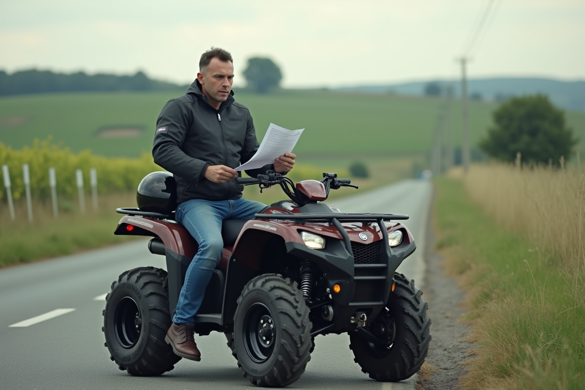 Homme avec casque et document près d'un quad en campagne