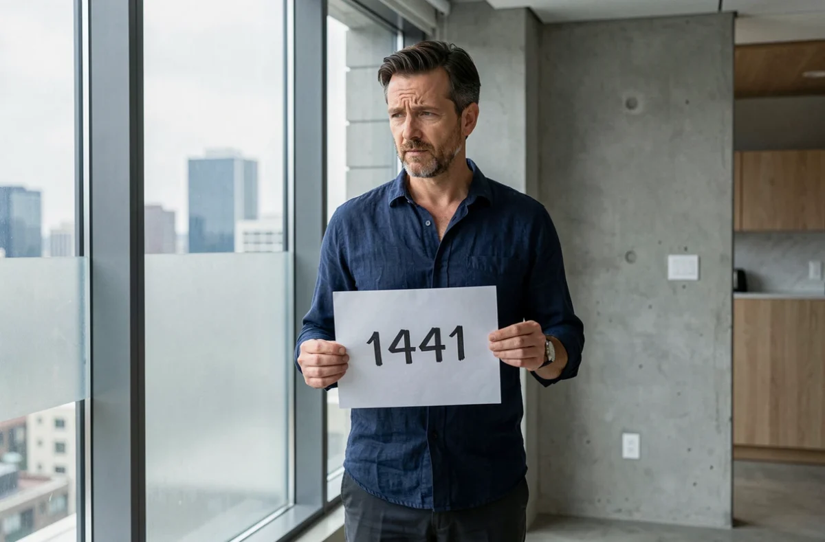 Homme tenant une feuille avec le nombre 1441 et réfléchissant à sa signification dans un appartement moderne