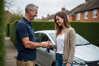 Homme souriant donnant les clés à une jeune femme devant une voiture
