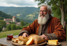 Homme âgé en robes médiévales partageant repas rural