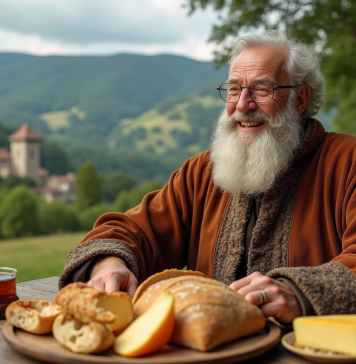 Les péripéties de Gargantua, figure emblématique, au fil des âges Homme âgé en robes médiévales partageant repas rural